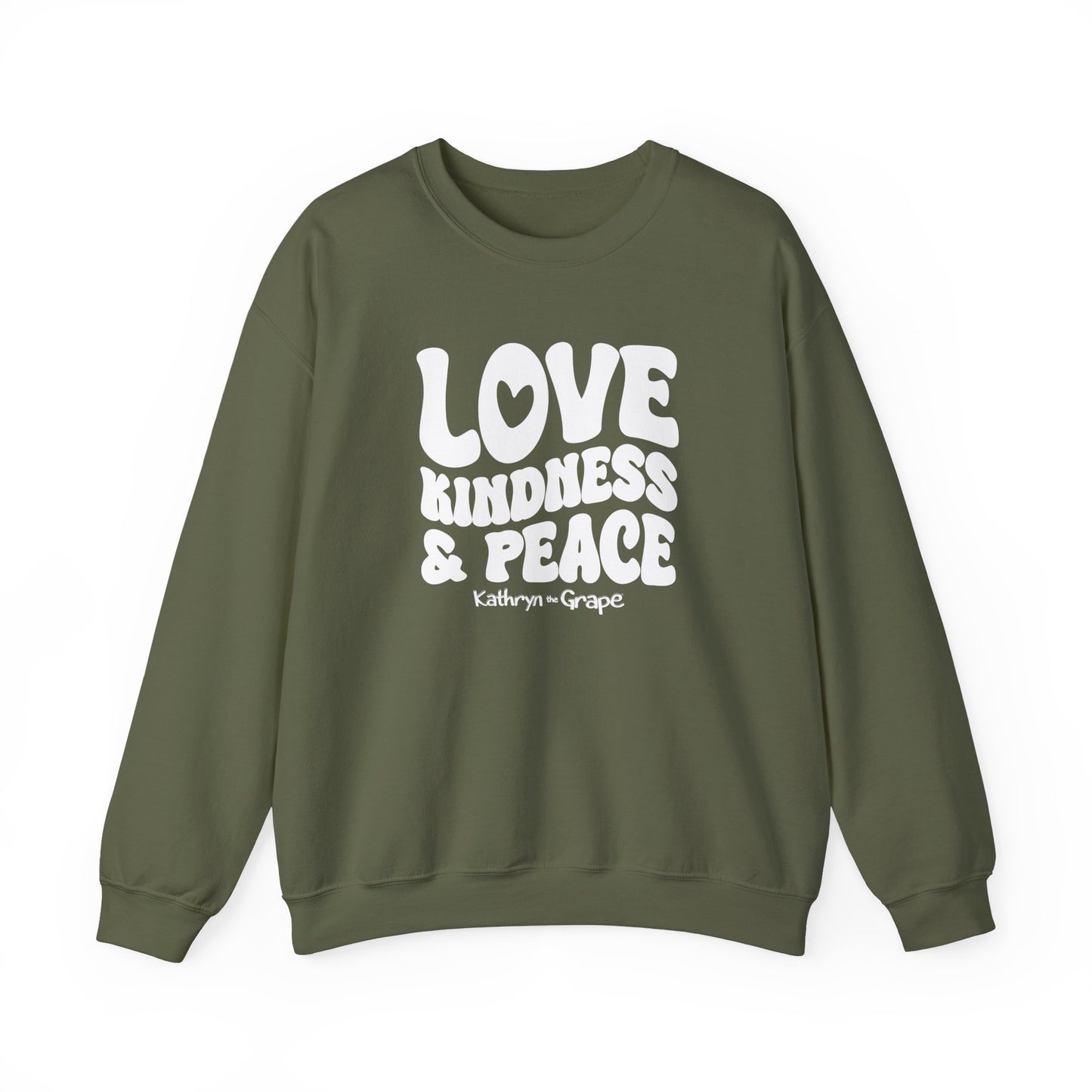 Kathryn the Grape Love, Kindness, and Peace (White) Teen/Adult Heavy Blend™ Crewneck Sweatshirt