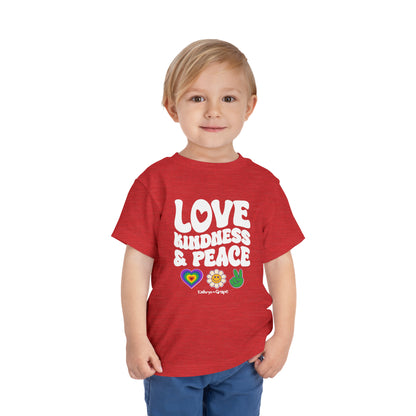 Kathryn the Grape Love, Kindness, and Peace Toddler Short Sleeve Tee (white wording)