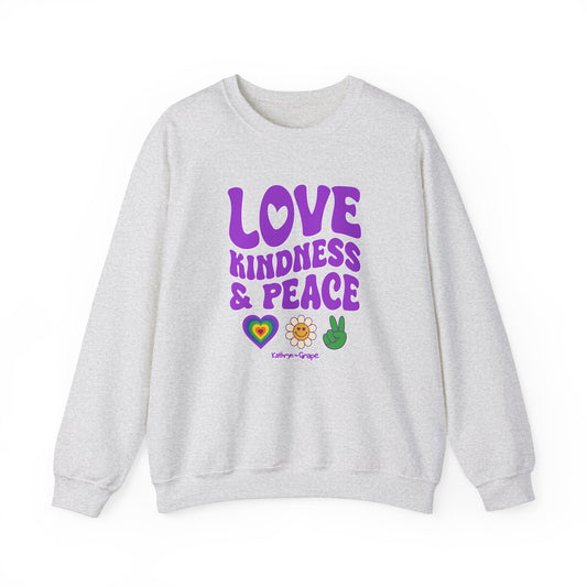 Kathryn the Grape Love, Kindness, and Peace (with symbols) Unisex Heavy Blend™ Crewneck Sweatshirt